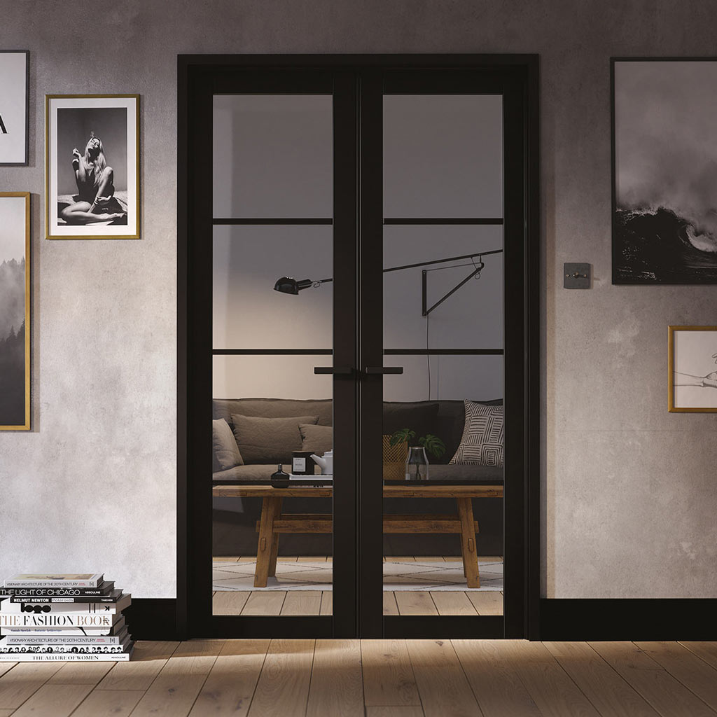 W4 Soho Room Divider Door & Frame Kit - Clear Glass - Black Primed - 2031x1246mm Wide