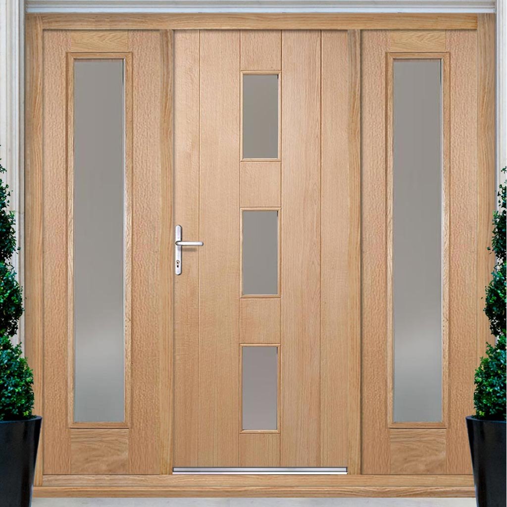 Copenhagen Exterior Oak Door and Frame Set - Frosted Double Glazing - Two Side Screens, From LPD Joinery