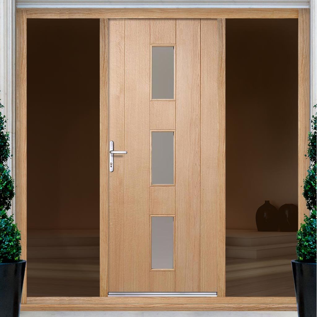 Copenhagen Exterior Oak Door and Frame Set - Frosted Double Glazing - Two Unglazed Side Screens, From LPD Joinery