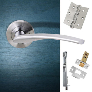 Image: Rebated Double Door Pack Arizona Status Lever on Round Rose Satin Chrome Combo Handle & Accessory Pack