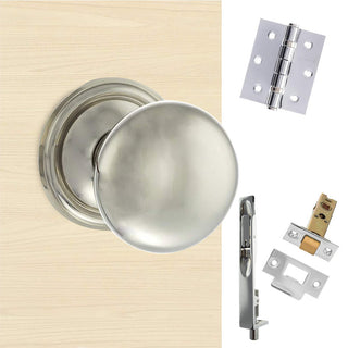 Image: Double Door Pack Harrogate Mushroom Old English Mortice Knob Polished Nickel Combo Handle & Accessory Pack