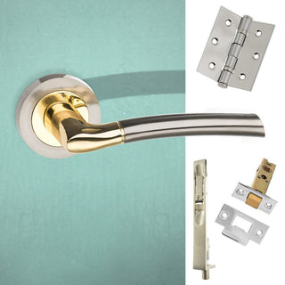 Image: Rebated Double Door Pack Indiana Status Lever on Round Rose Satin Nickel Polished Brass Combo Handle & Accessory Pack