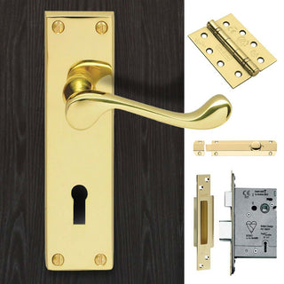 Image: Double Door CBS54 Victorian Scroll Suite Lever Lock Brass - Combo Handle & Accessory Pack
