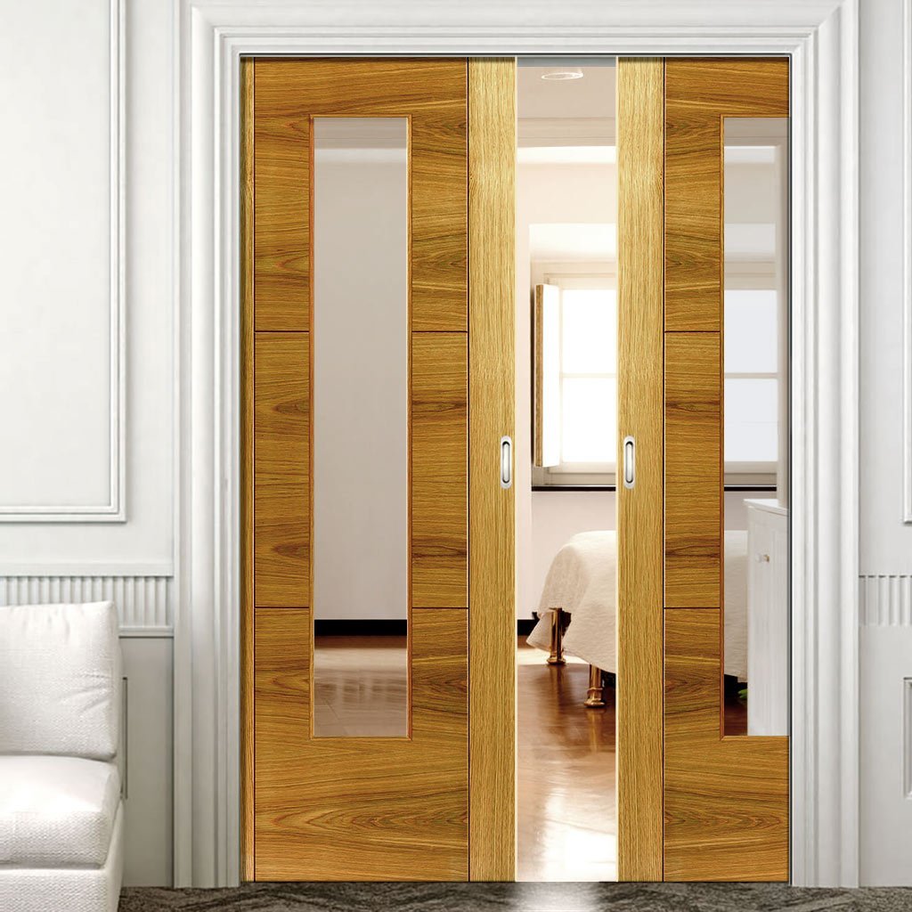 Mistral Oak Double Evokit Pocket Doors - Clear Glass - Prefinished