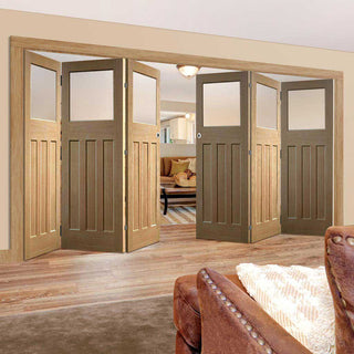 Image: Six Folding Doors & Frame Kit - 1930's Oak Solid 3+3 - Frosted Glass - Unfinished