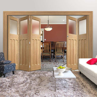 Image: Five Folding Doors & Frame Kit - 1930's Oak Solid 3+2 - Frosted Glass - Unfinished