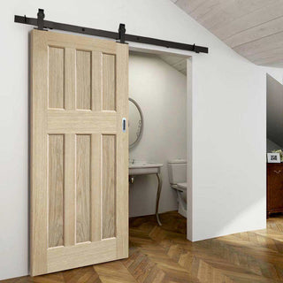 Image: Top Mounted Black Sliding Track & Door - DX 60's Nostalgia Oak Panel Door - Unfinished