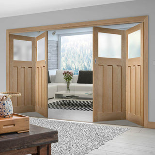 Image: Four Folding Doors & Frame Kit - 1930's Oak Solid 2+2 - Frosted Glass - Unfinished