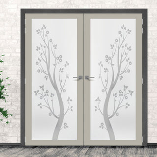 Image: Artisan Solid Wood Internal Door Pair - Blooming Tree 6mm Obscure Glass - Obscure Printed Design - Eco-Urban® 6 Premium Primed Colour Choices