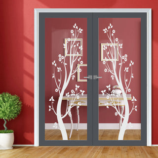Image: Artisan Solid Wood Internal Door Pair - Blooming Tree 6mm Clear Glass - Obscure Printed Design - Eco-Urban® 6 Premium Primed Colour Choices