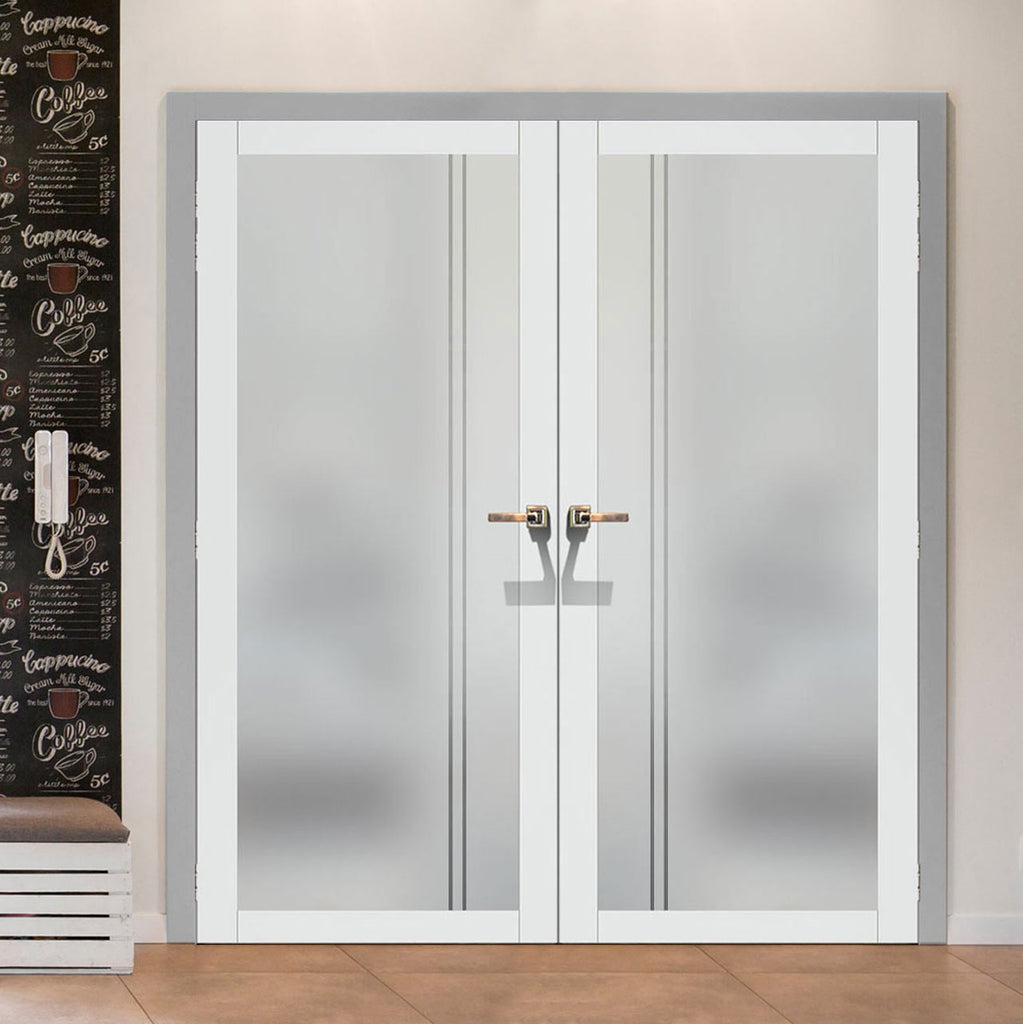 Artisan Solid Wood Internal Door Pair - Gogar 6mm Obscure Glass - Clear Printed Design - Eco-Urban® 6 Premium Primed Colour Choices