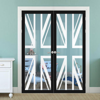 Image: Artisan Solid Wood Internal Door Pair - Union Jack Flag 6mm Clear Glass - Obscure Printed Design - Eco-Urban® 6 Premium Primed Colour Choices