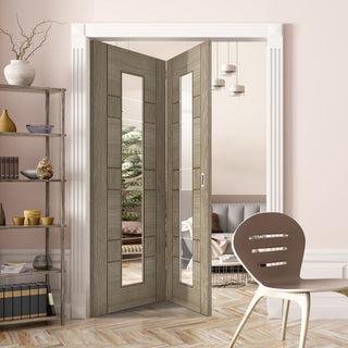 Image: Two Folding Doors & Frame Kit - Edmonton Light Grey 2+0 - Clear Glass with Frosted Lines - Prefinished