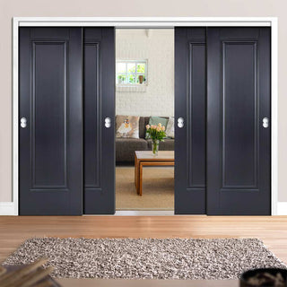 Image: Four Sliding Doors and Frame Kit - Eindhoven 1 Panel Black Primed Door - Unfinished