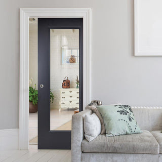 Image: Eindhoven Black Primed Single Evokit Pocket Door - Clear Glass