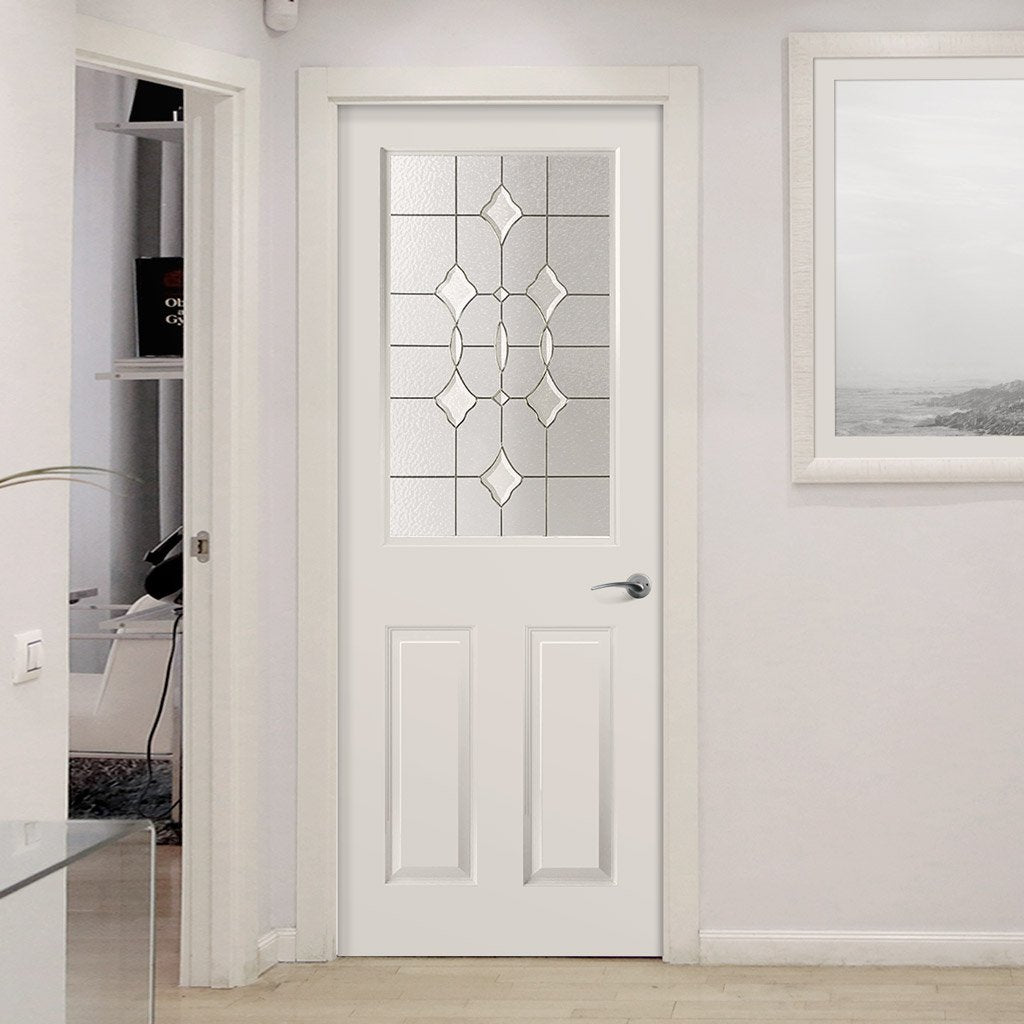 White PVC eldon door with grained faces andromeda style toughened glass 