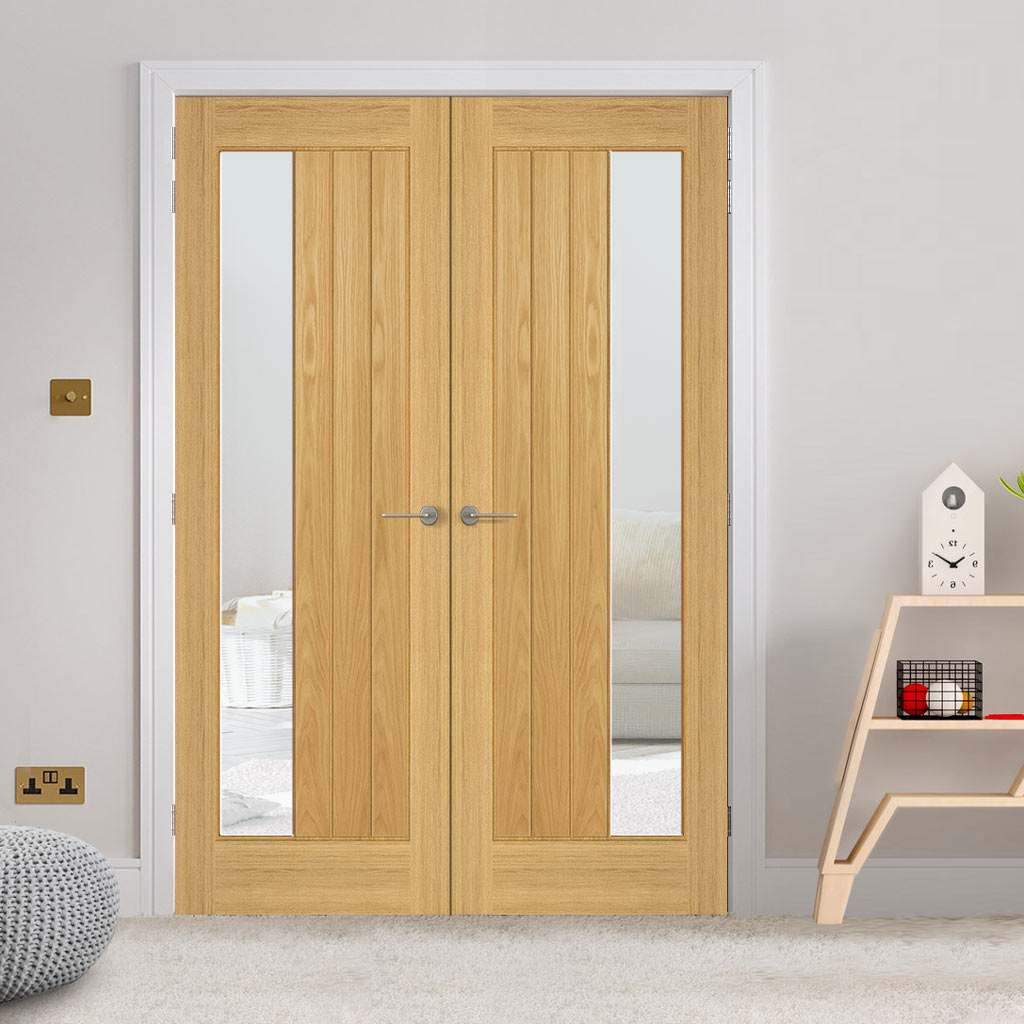 Ely Oak 1SL Internal Door Pair - Clear Glass - Prefinished