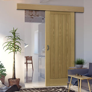 Image: Single Sliding Door & Wall Track - Ely Oak Door - Unfinished