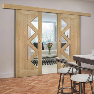 Image: Double Sliding Door & Wall Track - Ely 5 Panes Glazed Oak Door - Prefinished