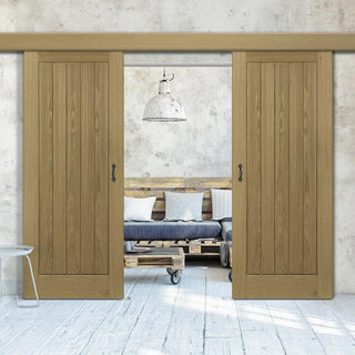 Image: Double Sliding Door & Wall Track - Ely Real American White Oak Veneer Door - Prefinished