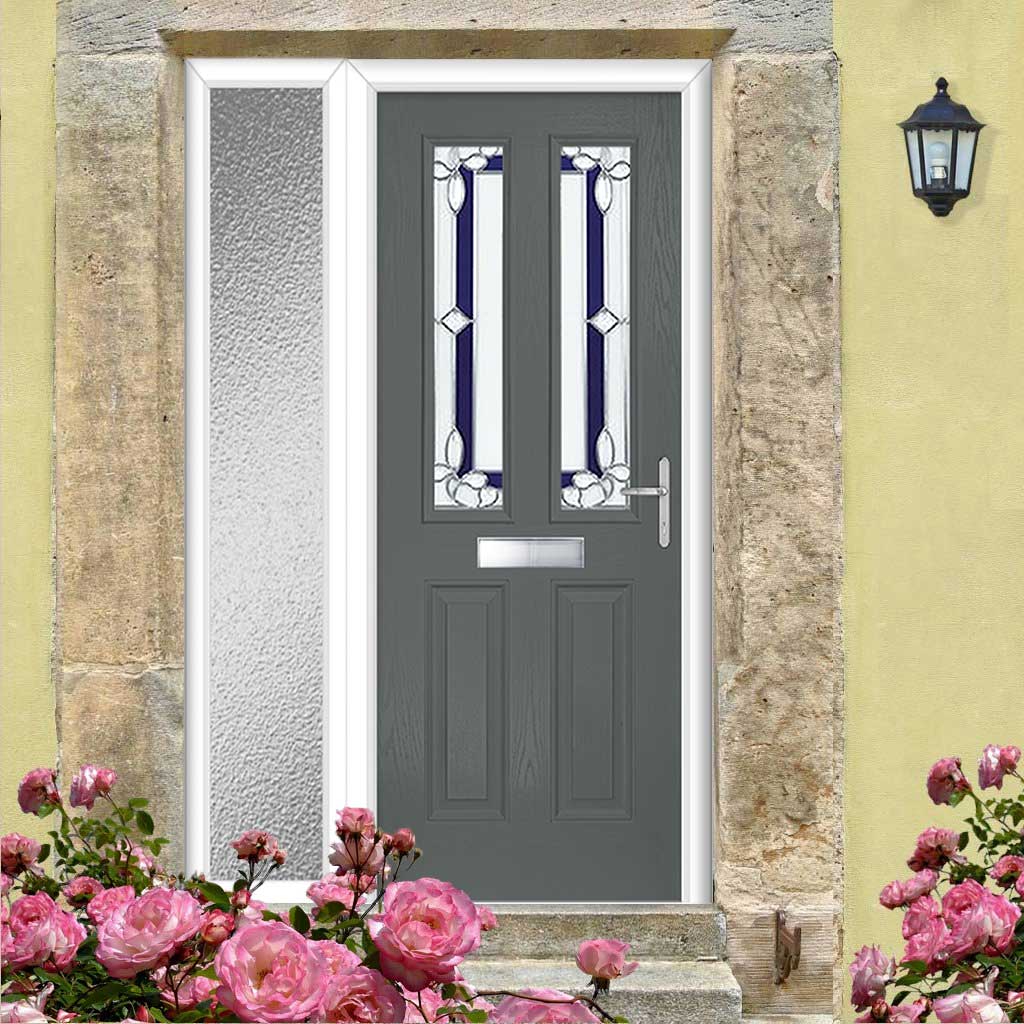 Premium Composite Front Door Set with One Side Screen - Esprit 2 Winestead Blue Glass - Shown in Mouse Grey