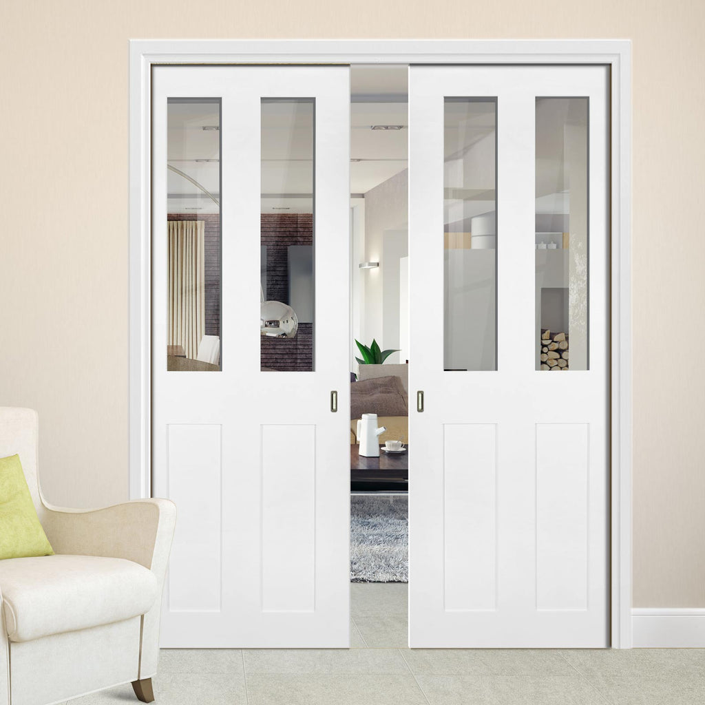 Eton Victorian Shaker Double Evokit Pocket Doors - Clear Glass - White Primed
