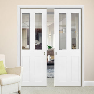 Image: Eton Victorian Shaker Double Evokit Pocket Doors - Clear Glass - White Primed