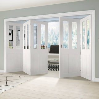 Image: Five Folding Doors & Frame Kit - Eton Victorian Shaker 3+2 - Clear Glass - White Primed