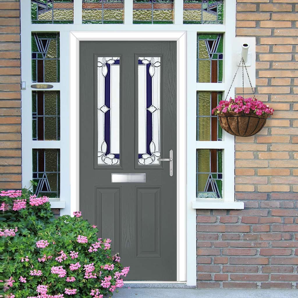 Premium Composite Front Door Set - Esprit 2 Winestead Blue Glass - Shown in Mouse Grey