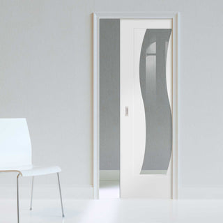 Image: Florence White Single Evokit Pocket Door - Clear Glass and Stepped Panel Design - Prefinished