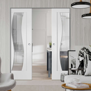 Image: Florence White Absolute Evokit Double Pocket Door - Clear Glass and Stepped Panel Design - Prefinished