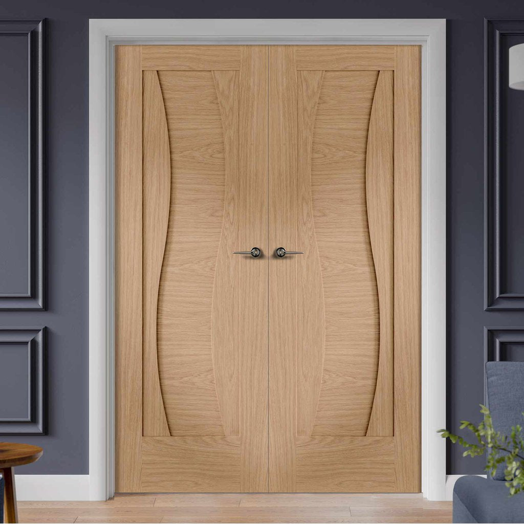 Florence Oak Flush Door Pair - Stepped Panel Design - Prefinished