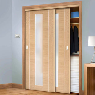 Image: Bespoke Thruslide Forli Oak Glazed 2 Door Wardrobe and Frame Kit - Aluminium Inlay - Prefinished