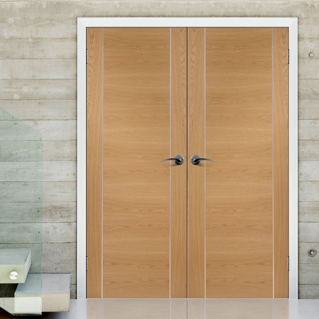 Forli Oak Flush Door Pair - Aluminium Inlay - Prefinished