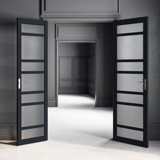 Image: Eco-Urban Metropolitan 7 Pane Solid Wood Internal Door Pair UK Made DD6405SG Frosted Glass - Eco-Urban® Shadow Black Premium Primed