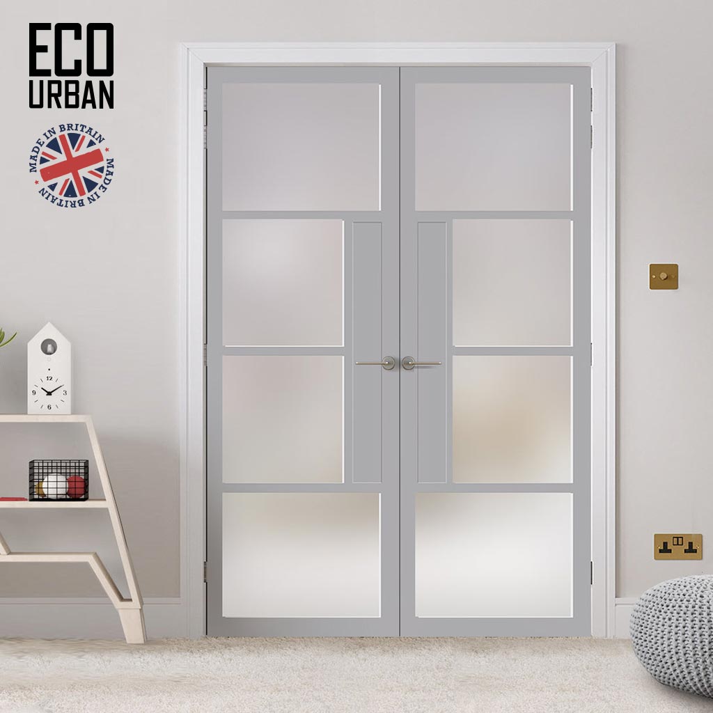 Eco-Urban Boston 4 Pane Solid Wood Internal Door Pair UK Made DD6311SG - Frosted Glass - Eco-Urban® Mist Grey Premium Primed