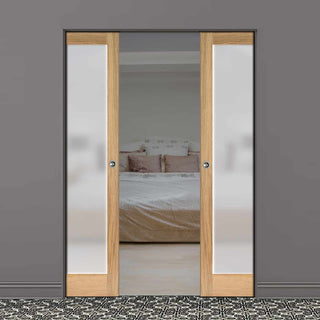 Image: Pattern 10 Oak Absolute Evokit Double Pocket Doors - Full Pane Frosted Glass - Unfinished