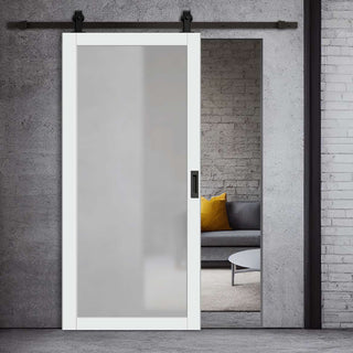 Image: Top Mounted Black Sliding Track & Solid Wood Door - Eco-Urban® Baltimore 1 Pane Solid Wood Door DD6301SG - Frosted Glass - Cloud White Premium Primed
