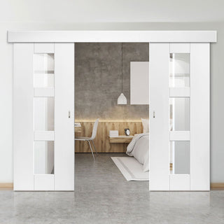 Image: Double Sliding Door & Wall Track - Geo White Primed Doors - Clear Glass