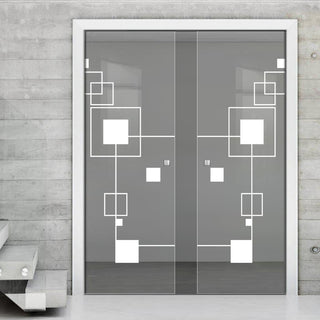 Image: Geometric Zoom 8mm Clear Glass - Obscure Printed Design - Double Evokit Glass Pocket Door
