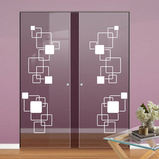 Image: Geometric Pattern 8mm Clear Glass - Obscure Printed Design - Double Absolute Pocket Door