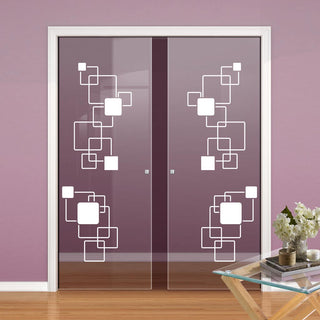 Image: Geometric Pattern 8mm Clear Glass - Obscure Printed Design - Double Evokit Glass Pocket Door
