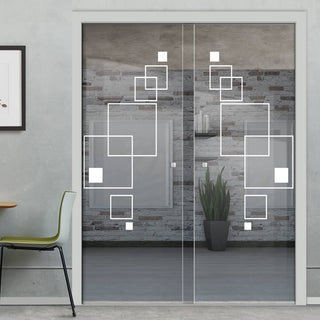 Image: Geometric Square 8mm Clear Glass - Obscure Printed Design - Double Evokit Glass Pocket Door