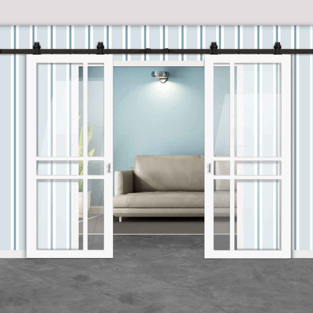Top Mounted Black Sliding Track & Solid Wood Double Doors - Eco-Urban® Glasgow 6 Pane Doors DD6314G - Clear Glass - Cloud White Premium Primed