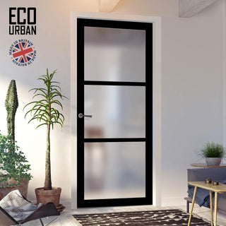 Image: Handmade Eco-Urban Manchester 3 Pane Solid Wood Internal Door UK Made DD6306SG - Frosted Glass - Eco-Urban® Shadow Black Premium Primed
