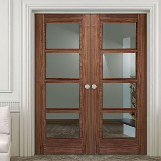 Image: LPD Joinery Vancouver Walnut 4 Pane Fire Door Pair - Clear Glass - 30 Minute Fire Rated - Prefinished