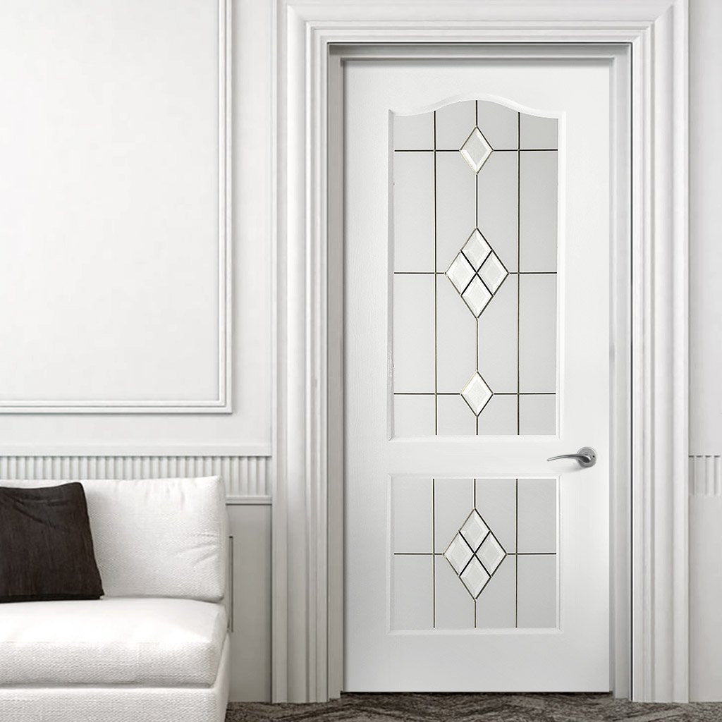White PVC classic door with grained faces 2 starburst style toughened glass