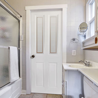 Image: White PVC grainger door with grained faces sandblast border style toughened glass 