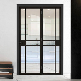 Image: ThruEasi Room Divider - Greenwich Black Primed Clear Glass Unfinished Door with Single Side