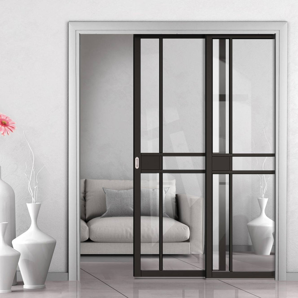 Greenwich Black Painted Staffetta Twin Telescopic Pocket Doors - Clear Glass - Prefinished